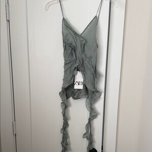 NWT Zara sheer ruffle layer green tank size small